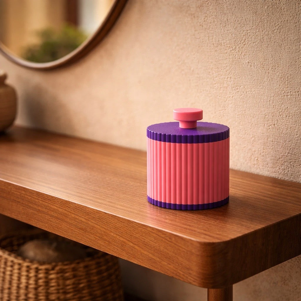 Bunte Stria Dose in pink und Lila als 3D-gedruckte Deko-Dose